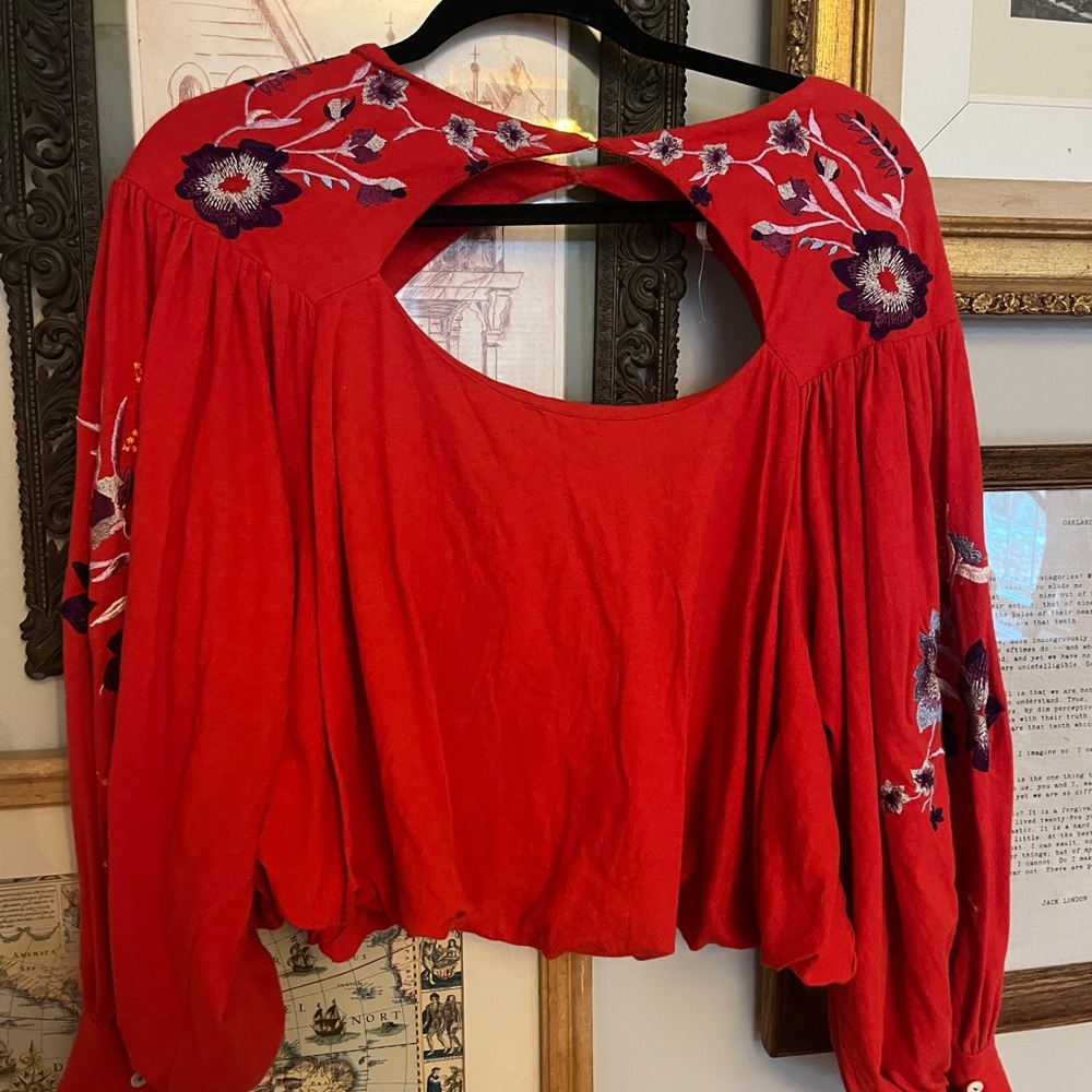 Free People Red Embroidered Women's Top